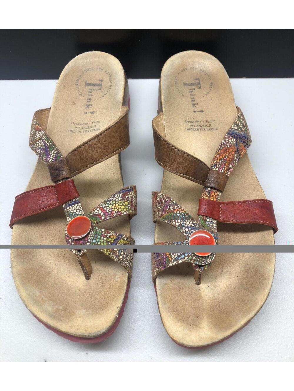 Think! European Sandals Womens 40 9/9.5 Multicolor Straps Cork Rubber Slipons